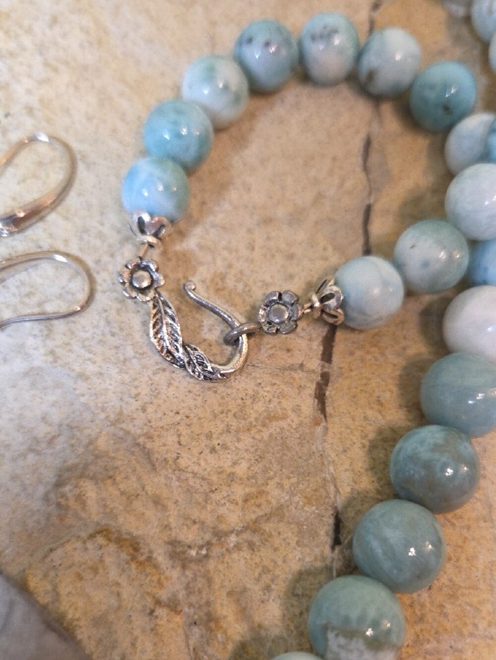 Sterling Silver Genuine Larimar Beaded Necklace and Earrings Set - Picture 5 of 12
